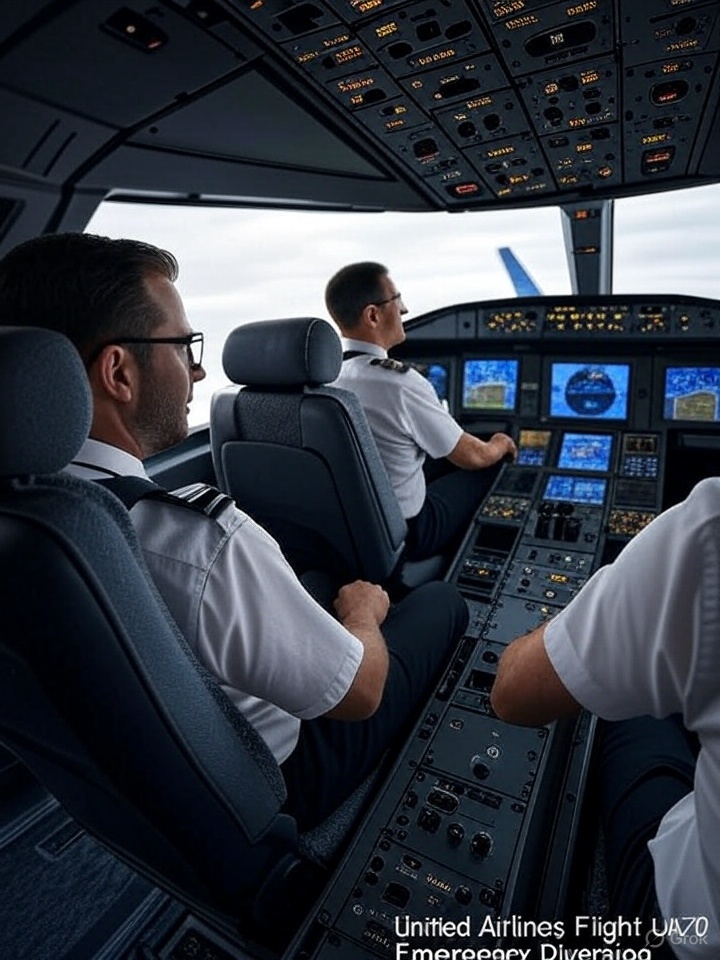 Cockpit of United Airlines Flight UA770 Emergency Diversion showing Squawk 7700 activation during 2025 safety response.